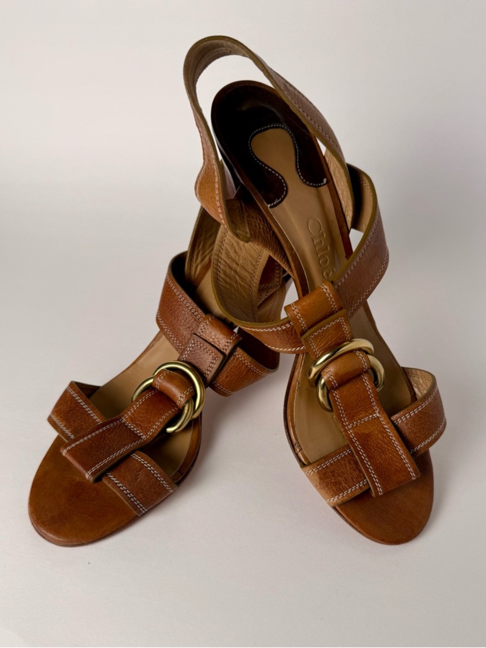 Chloé Leather Strappy Heels Cognac Gold Ring Slingback Sandals EU 40 US 9